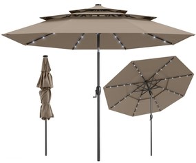 Guarda-sol para jardim de 313 cm com 32 luzes LED, teto ventilado de 3 níveis e ajuste de inclinação Castanho