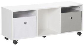 Móvel para Brinquedos com 5 Rodas Organizador de Brinquedos de Madeira com 3 Cubos de Armazenamento e 2 Gavetas de Tecido Removíveis Móvel Infantil 90