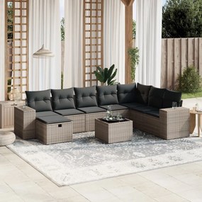 9 pcs conjunto sofás p/ jardim com almofadões vime PE cinzento