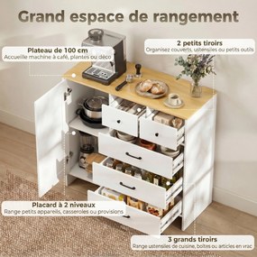 Aparador de cozinha 100 x 40 x 94 cm, móvel de arrumação com 5 gavetas e porta, estilo rústico, branco