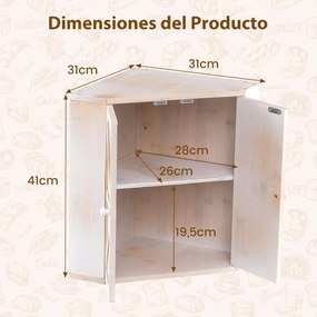 Caixa de pão de canto em bambu de dupla camada com prateleira ajustável 31 x 31 x 41 cm, e estilo rústico, para bancada de cozinha, branco Antigo