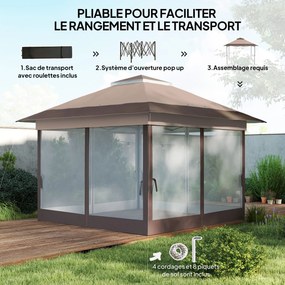 Tenda de jardim pop-up 3,64 C x 3,64 L x 2,98 A m dobrável em aço e poliéster com redes mosquiteiras + saco de transporte com rodas em cáqui e castanh