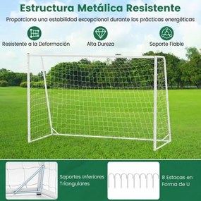Baliza de futebol 300 x 204 cm para exterior com rede de PE, Estrutura metálica, 8 estacas e 16 abraçadeiras para treino futebol Branca