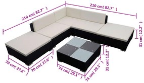 6 pcs conjunto lounge de jardim c/ almofadões vime PE preto