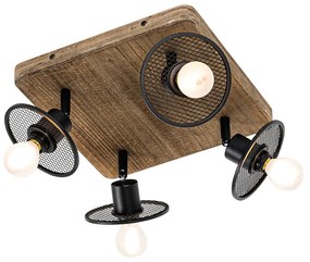 Luminária de teto industrial preto com madeira 4 luzes - Jasmine Industrial