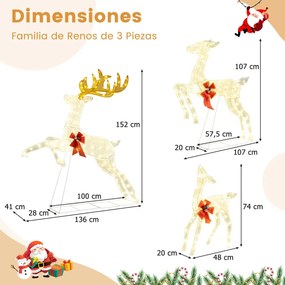 Conjunto de 3 renas natal iluminados Família de renas saltitantes com laços vermelhos 330 luzes LED quentes com Estacas brancas