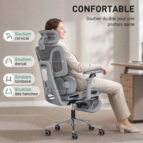Cadeira de escritório ergonómica com braços, encosto 6D, apoio para a cabeça e profundidade do assento ajustáveis, em malha cinzenta