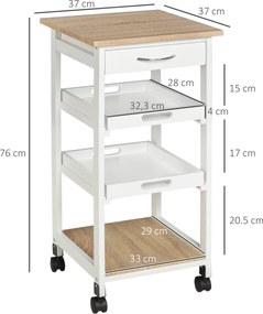 Carrinho de serviço de cozinha com rodas, 2 tabuleiros removíveis, gaveta e prateleira em carvalho claro e pinho branco