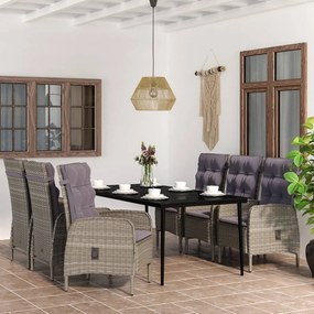 7 pcs conjunto de jantar p/ jardim c/ almofadões cinza e preto