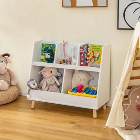 Organizador de brinquedos de 5 compartimentos para crianças Baú de 2 níveis com pernas de madeira Kits anti-queda Estante aberta para crianças Branco
