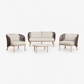 Conjunto De Jardim Com Sofá De 2 Lugares, 2 Poltronas Em Corda Trançada Capri E Mesa De Centro Em Madeira De Acácia Olivia Castanho Chocolate - Sklum