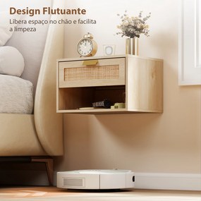 Conjunto de 2 Mesas de Cabeceira Suspensas com Gaveta de Vime Prateleira Aberta Economiza Espaço 40x30x25 cm Carvalho