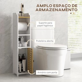 Armário Casa de Banho Moderno com Prateleiras e Suporte para Papel Higiénico 18x20x90 cm Branco e Madeira