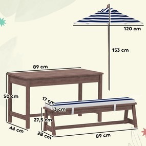 Conjunto de mobiliário de jardim para crianças, com almofadas e guarda-sol amovível, às riscas em azul-marinho e branco