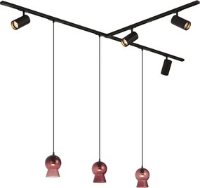 Sistema de Calhas Moderno Preto com 4 Focos e 3 Candeeiros Pendentes Roxos Monofásico - Iconic Bell Jeana Luxe