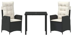 Conjunto de Jantar de Jardim com 3 Peças e Almofadas, Preto, Rattan Si