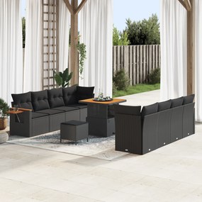 vidaXL Conjunto de Sofá de Jardim de 11 Peças com Almofadas Rattan Poly Preto Acácia