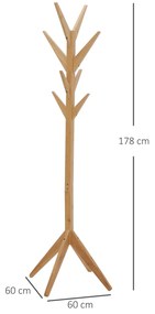Cabide de Pé de Bambu com 8 Ganchos para Pendurar Roupas Bolsas Chapéus para Entrada Corredor Dormitório 60x60x178cm Natural