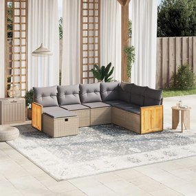 7 pcs conj. sofás jardim c/ almofadões vime PE bege misturado