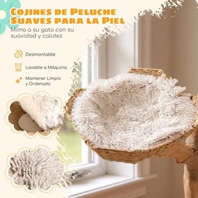 Arranhador para gatos com 2 cestos de rattan Plataforma em forma de flor para interior 61 x 122 cm Branco+Natural