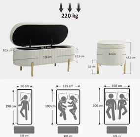 Banco de arrumação, pufe de veludo com tampa, pés de metal, capacidade de 72 L, 108 x 44 x 43,5 cm, creme