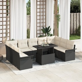 vidaXL Conjunto de Sofá de Jardim de 10 Peças com Almofadas Preto Vime PE