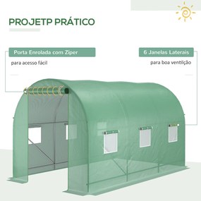 Estufa Tipo Túnel de Jardim 350x200x200cm Estufa de Jardim com 6 Janelas Respiráveis e Porta Enrolável com fecho para Cultivo de Plantas e Verduras Ve