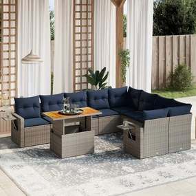 vidaXL 10 pcs conjunto sofás p/ jardim c/ almofadões vime PE cinzento