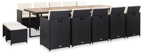 15 pcs conjunto jantar exterior com almofadões vime PE preto
