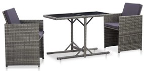 vidaXL 3 pcs conjunto bistrô com almofadões vime PE cinzento