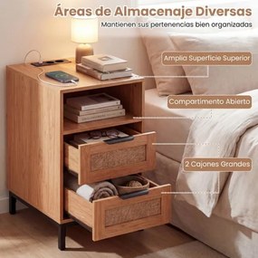 Mesa de cabeceira, Mesa apoio 60 x 35 x 61 cm em rattan com estação de carregamento e 2 gavetas estilo boho Natural e preto