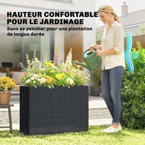 Floreira elevada em resina trançada 76 x 23 x 28 cm, suporte para flores com tabuleiro removível e pés ajustáveis preta