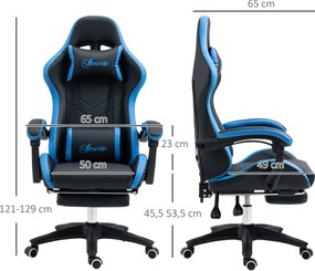 Cadeira Gaming Cadeira Gamer de Pele PU Reclinável 135° Apoio para a Cabeça e Apoio para os Pés 65x65x121-129 cm Preto e Azul