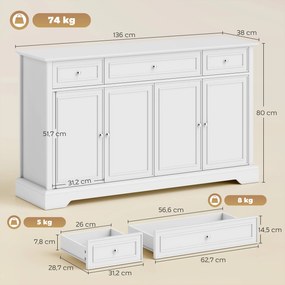 Aparador de sala 136 L x 38 P x 80 A cm, móvel de arrumação com 3 gavetas, 4 portas com fecho suave e prateleiras ajustáveis, branco