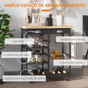 Carrinho de Cozinha  com Rodinhas com Prateleira e Gaveta 74x37x76cm Preto