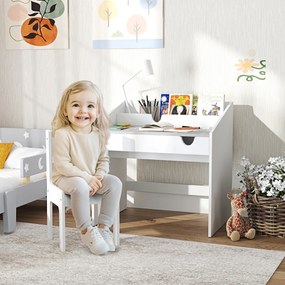 Conjunto de Secretária e Cadeira para Crianças com Gaveta Amovível e Compartimento para Dormitório Sala de Jogos Cinza e Branco