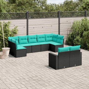9 pcs conjunto de sofás p/ jardim c/ almofadões vime PE preto
