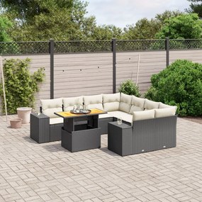 9 pcs conjunto de sofás p/ jardim c/ almofadões vime PE preto