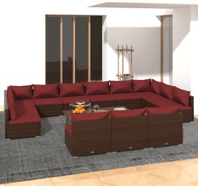 vidaXL 13 pcs conjunto lounge jardim c/ almofadões vime PE castanho