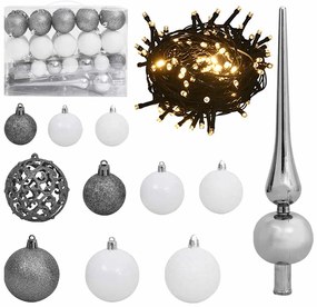 vidaXL Conj. de bolas de natal 61 pcs c/ pico e 150 LEDs branco/cinza