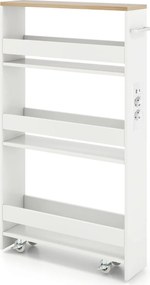 Carrinho cozinha estreito 47,5 x 13 x 80,5 cm com estação de carregamento de 4 níveis com rodas bloqueáveis Branco + Natural