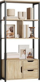 Estante de estilo industrial com 3 prateleiras, porta e 2 gavetas, 58 x 24 x 122 cm, com acabamento em madeira natural e aço preto