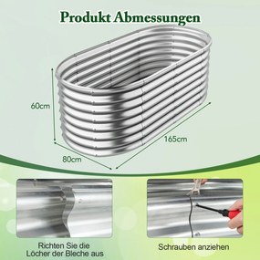 Floreira elevada de metal para jardim 165 x 80 x 60 cm com base aberta, placas metálicas pulverizadas, caixa de  exterior para vegetais, prateada