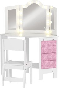 AIYAPLAY Penteadeira Infantil 2 em 1 Espelho Triplo e LEDs 93,6x48,5x111,5 cm Branco | Aosom Portugal