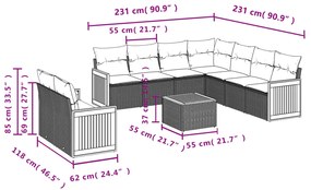 10 pcs conjunto sofás de jardim c/ almofadões vime PE preto