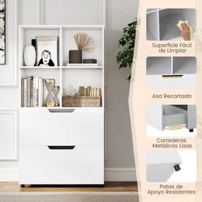 Estante de 4 cubos 70 x 33,5 x 130 cm com 2 gavetas de 5 níveis Design moderno em madeira para sala ou escritório Branco