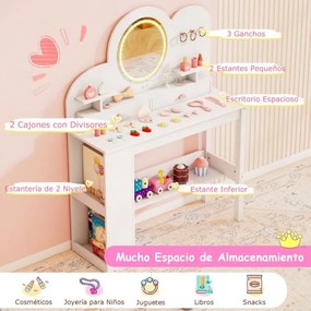 Toucador infantil com luzes e cadeira de princesa com 2 gavetas e Estante de 2 níveis, 3 ganchos e 2 prateleiras abertas Branco