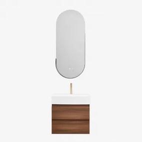 Conjunto De Móvel De Casa De Banho Em Madeira E Chapa De Freixo Com Lavatório Integrado Ona Madeira Escura & Ovalado Led E - Sklum