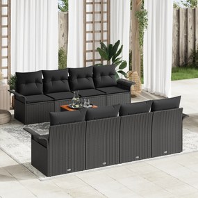 vidaXL Conjunto de Sofá de Jardim de 9 Peças com Almofadas Preto Polirattan Teca