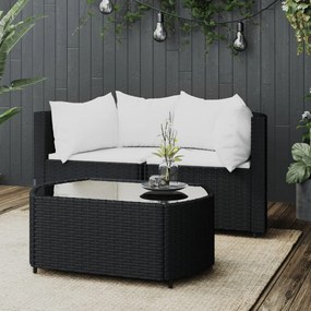 vidaXL 3 pcs conjunto lounge de jardim c/ almofadões vime PE preto